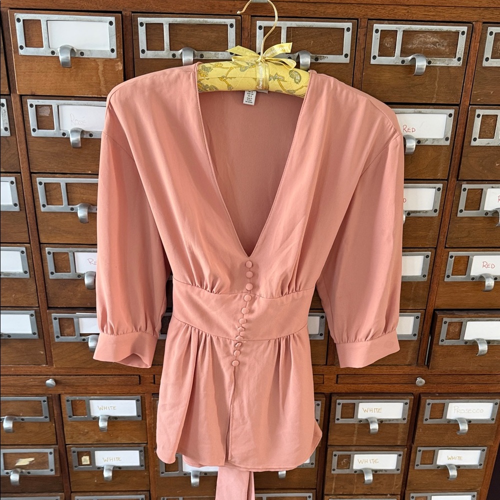 Topshop Pink Blouse V-Neck Tie Waist Buttons 3/4 Sleeve Size 2
